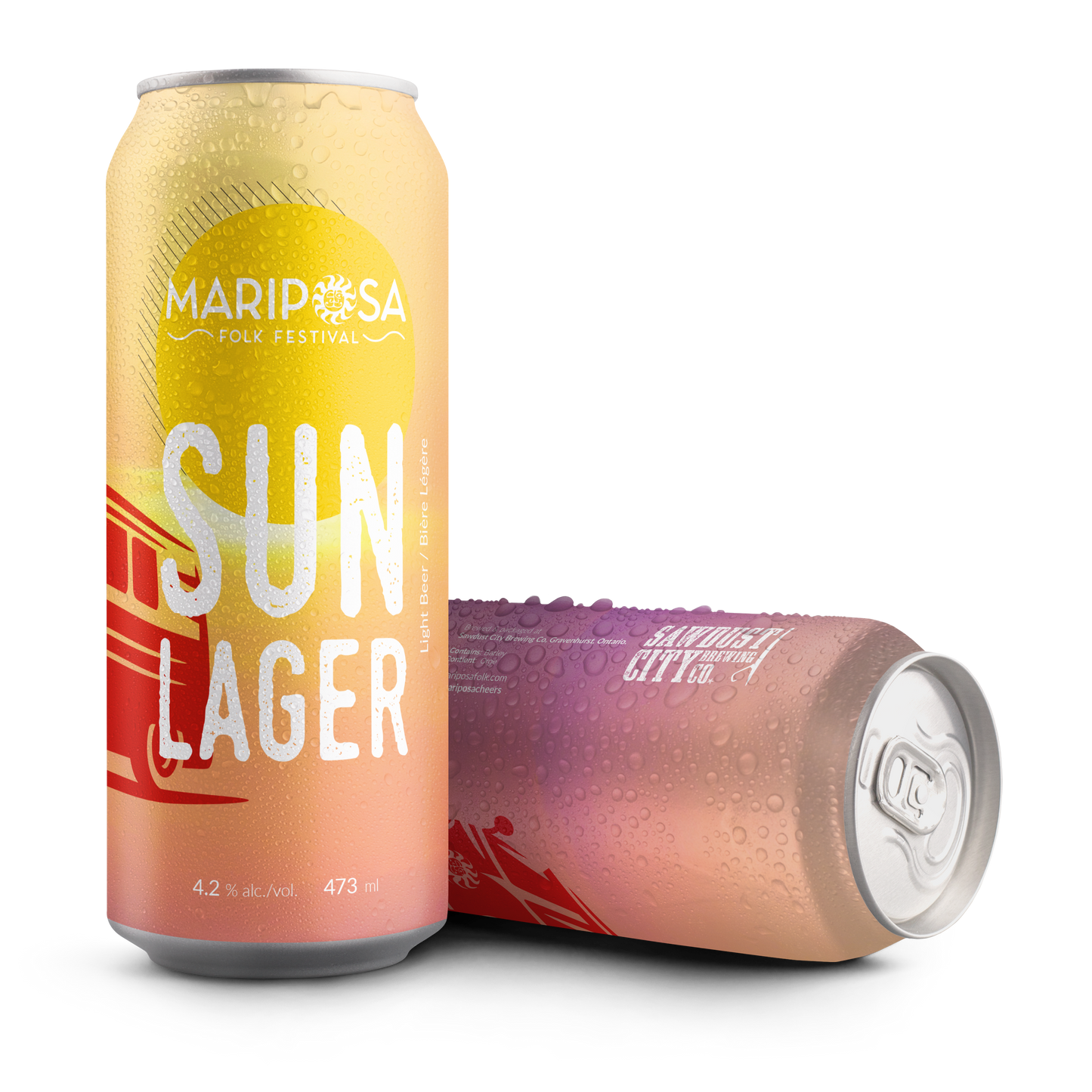 Two Mariposa Folk Festival 'Sun Lager' aluminum cans with a condensation effect, one standing upright and the other lying on its side, on a solid white background.