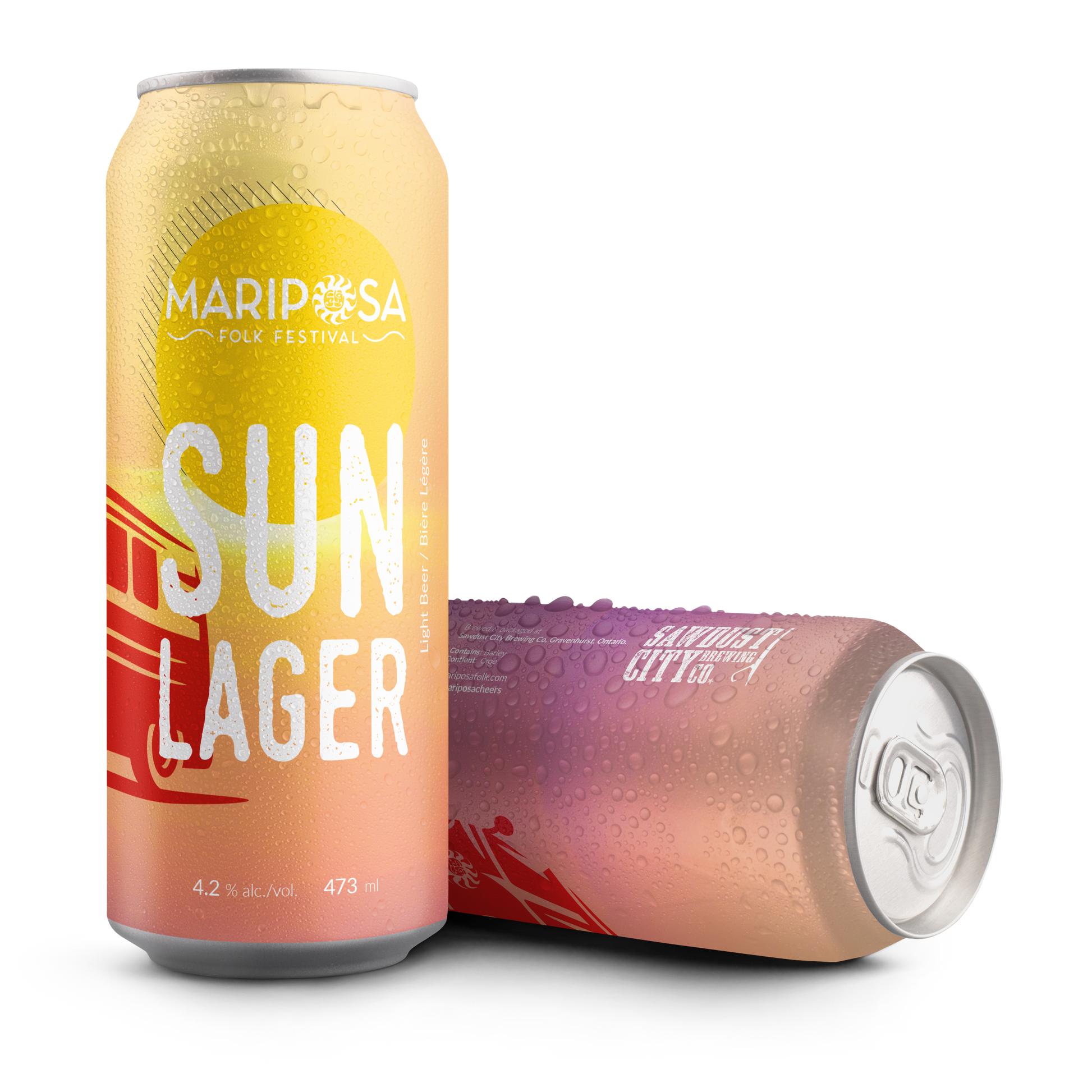 Two Mariposa Folk Festival 'Sun Lager' aluminum cans with a condensation effect, one standing upright and the other lying on its side, on a solid white background.